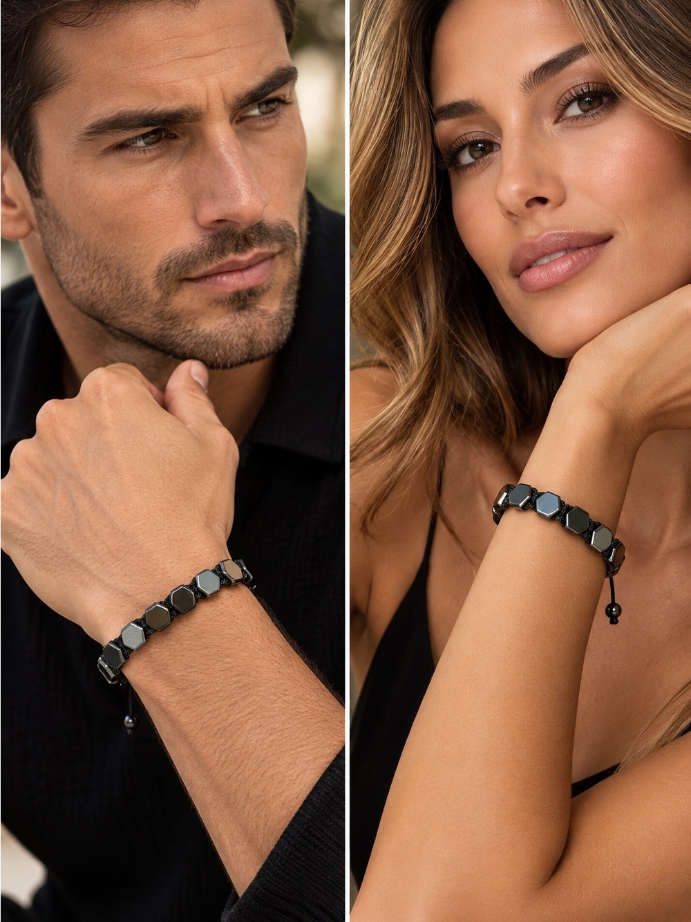 Shamballa Style Hexagon Hematite Bracelet Black Macrame Unisex Handmade Jewelry